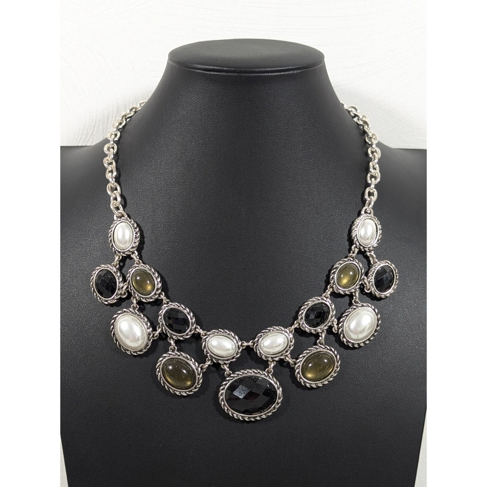 Dana Buchman Black White Faux Pearl Green Cable Style Statement Necklace 19 in
